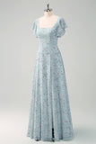 Dusty Sage Chiffon Floral Print Bridesmaid Dress with Slit