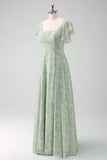 Grey Green Chiffon Floral Bridesmaid Dress with Slit