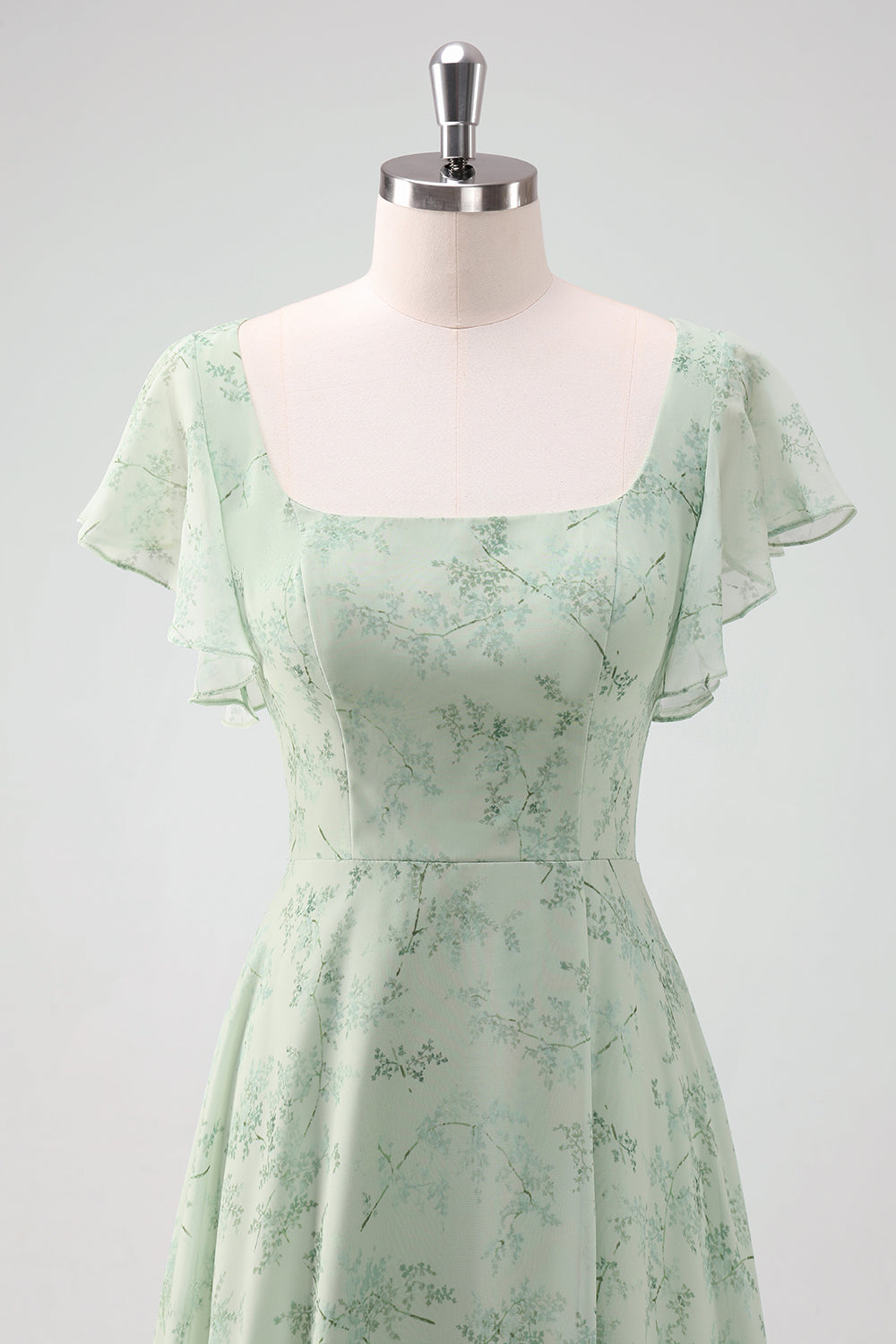 Grey Green Chiffon Floral Bridesmaid Dress with Slit