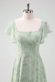 Grey Green Chiffon Floral Bridesmaid Dress with Slit