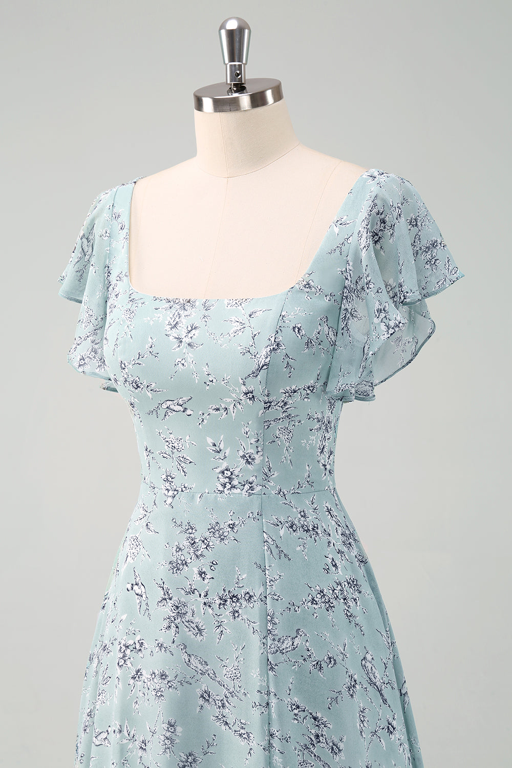 Dusty Sage Chiffon Floral Print Bridesmaid Dress with Slit