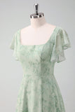 Grey Green Chiffon Floral Bridesmaid Dress with Slit