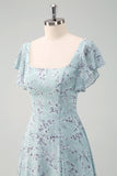 Dusty Sage Chiffon Floral Print Bridesmaid Dress with Slit