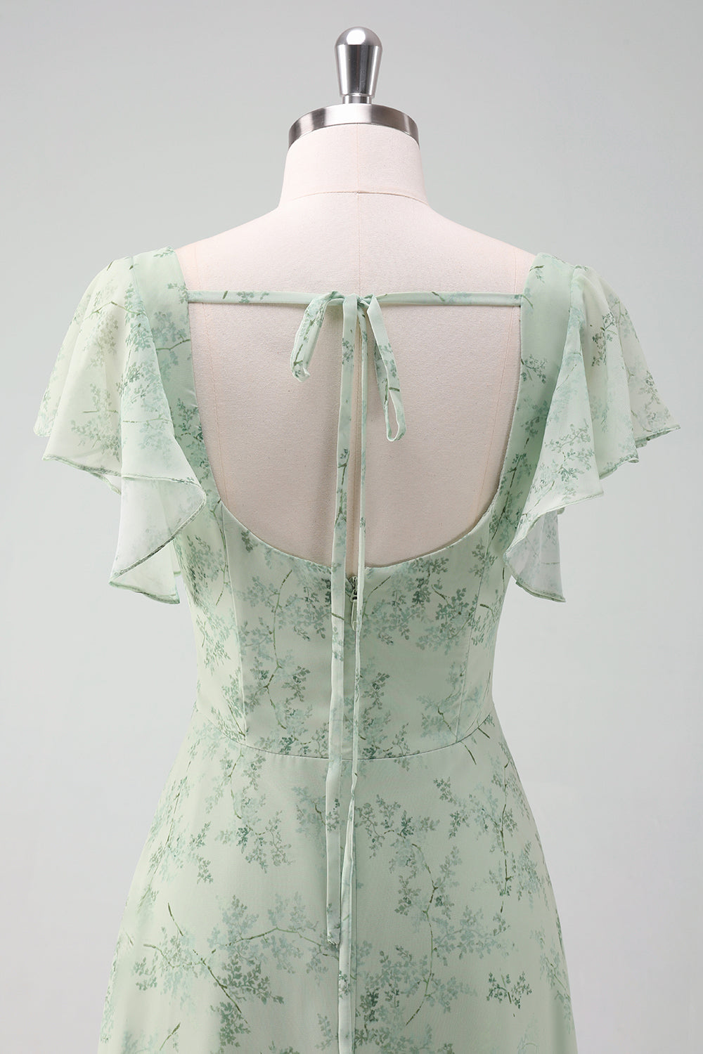 Grey Green Chiffon Floral Bridesmaid Dress with Slit