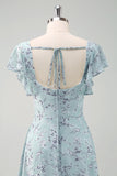 Dusty Sage Chiffon Floral Print Bridesmaid Dress with Slit
