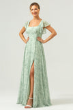Dusty Sage Chiffon Floral Print Bridesmaid Dress with Slit