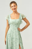 Dusty Sage Chiffon Floral Print Bridesmaid Dress with Slit