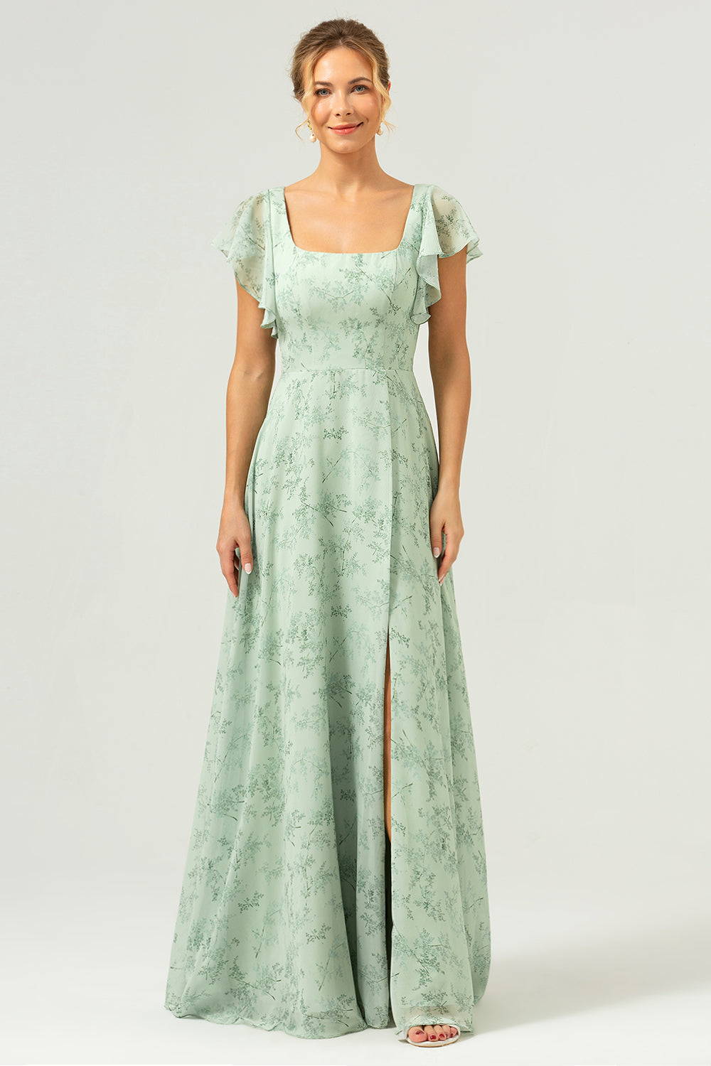 Dusty Sage Chiffon Floral Print Bridesmaid Dress with Slit