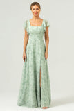 Dusty Sage Chiffon Floral Print Bridesmaid Dress with Slit