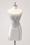 Sparkly Strapless Corset Silver Floral Tight Short Homecoming Dress
