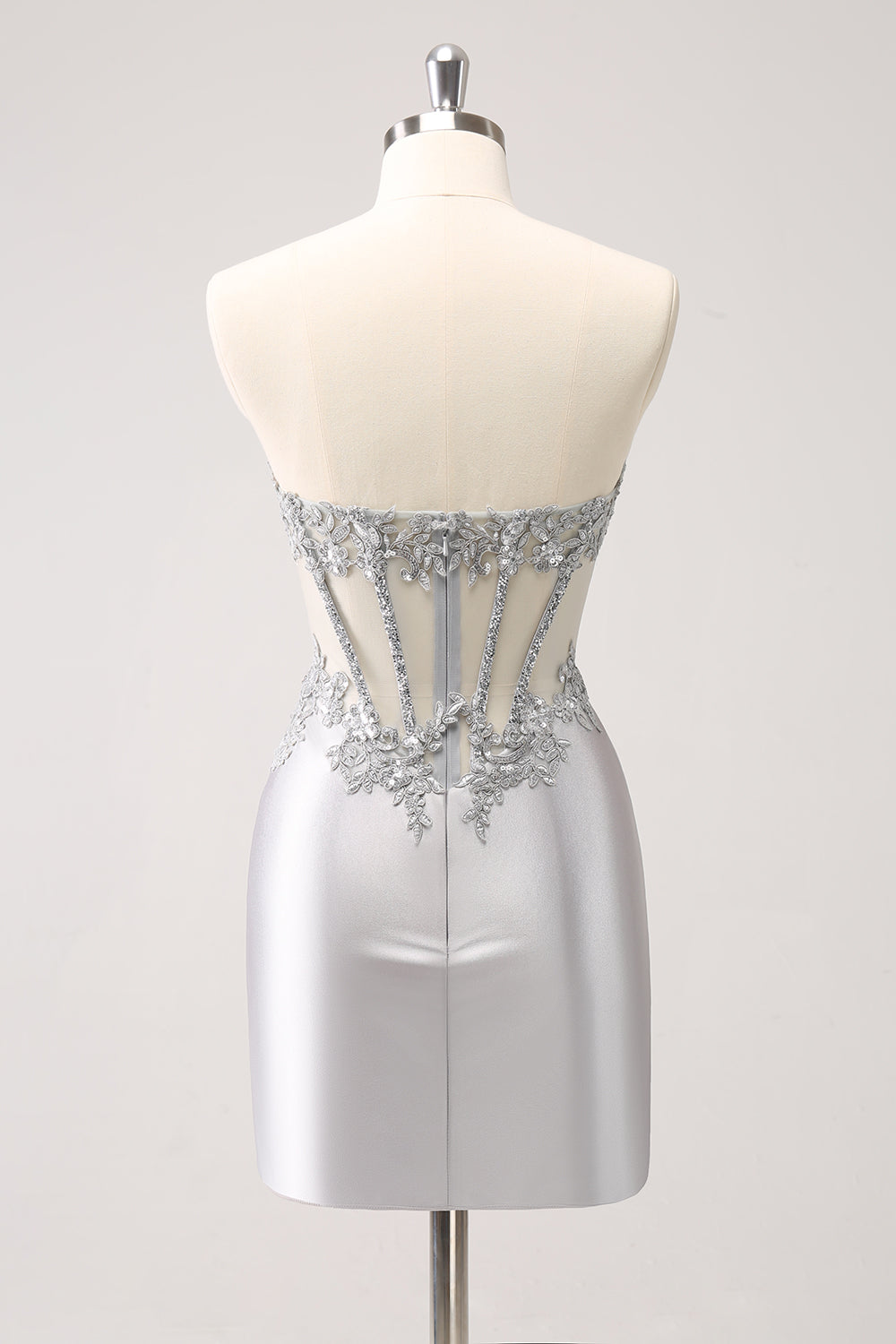 Sparkly Strapless Corset Silver Floral Tight Short Homecoming Dress