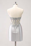 Sparkly Strapless Corset Silver Floral Tight Short Homecoming Dress