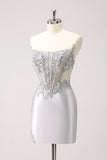 Sparkly Strapless Corset Silver Floral Tight Short Homecoming Dress