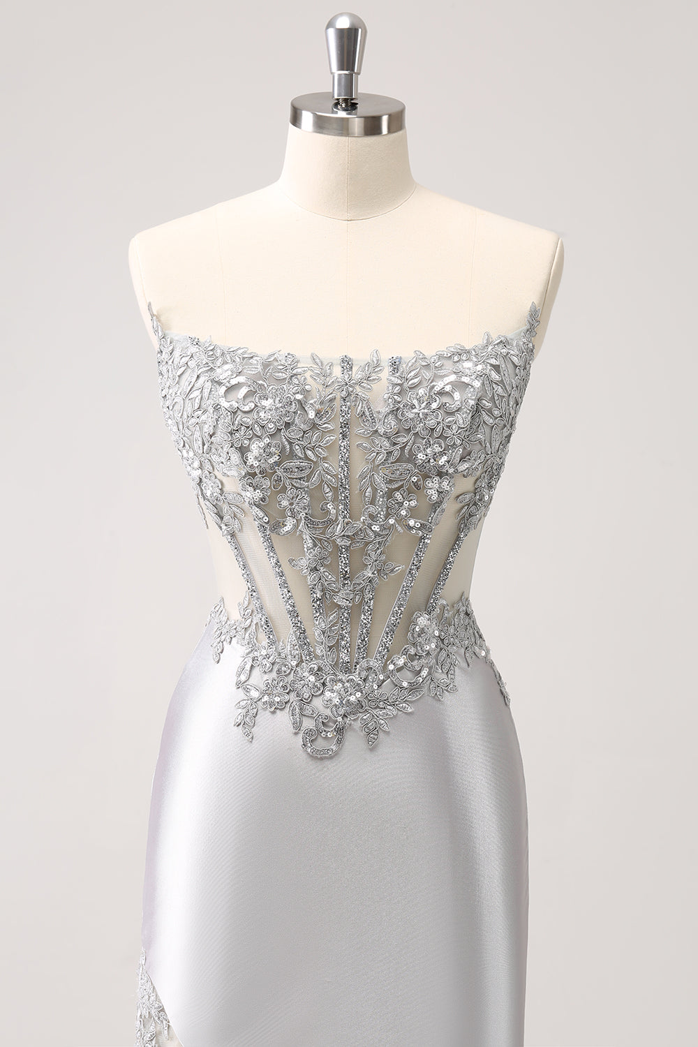 Sparkly Strapless Corset Silver Floral Tight Short Homecoming Dress