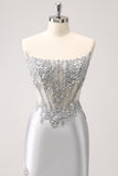 Sparkly Strapless Corset Silver Floral Tight Short Homecoming Dress