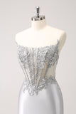 Sparkly Strapless Corset Silver Floral Tight Short Homecoming Dress