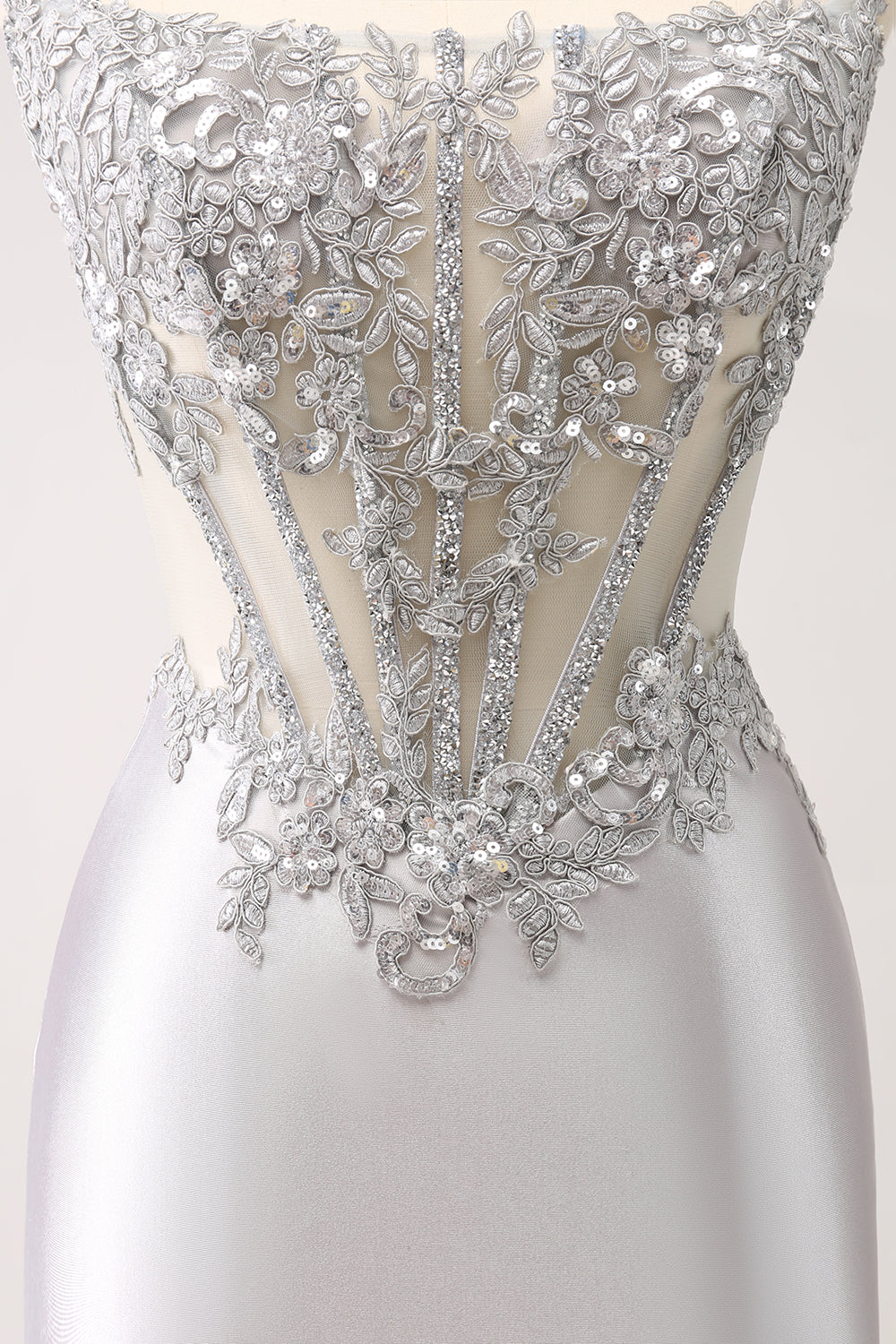 Sparkly Strapless Corset Silver Floral Tight Short Homecoming Dress