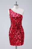 Sparkly One Shoulder Red Tight Short Homecoming Dress
