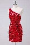 Sparkly One Shoulder Red Tight Short Homecoming Dress
