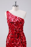 Sparkly One Shoulder Red Tight Short Homecoming Dress