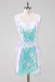 Sparkly White Square Neck Tight Short Homecoming Dress with Fringes