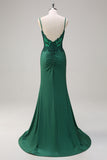 Dark Green V-Neck Mermaid Applique Spaghetti Straps Long Prom Dress