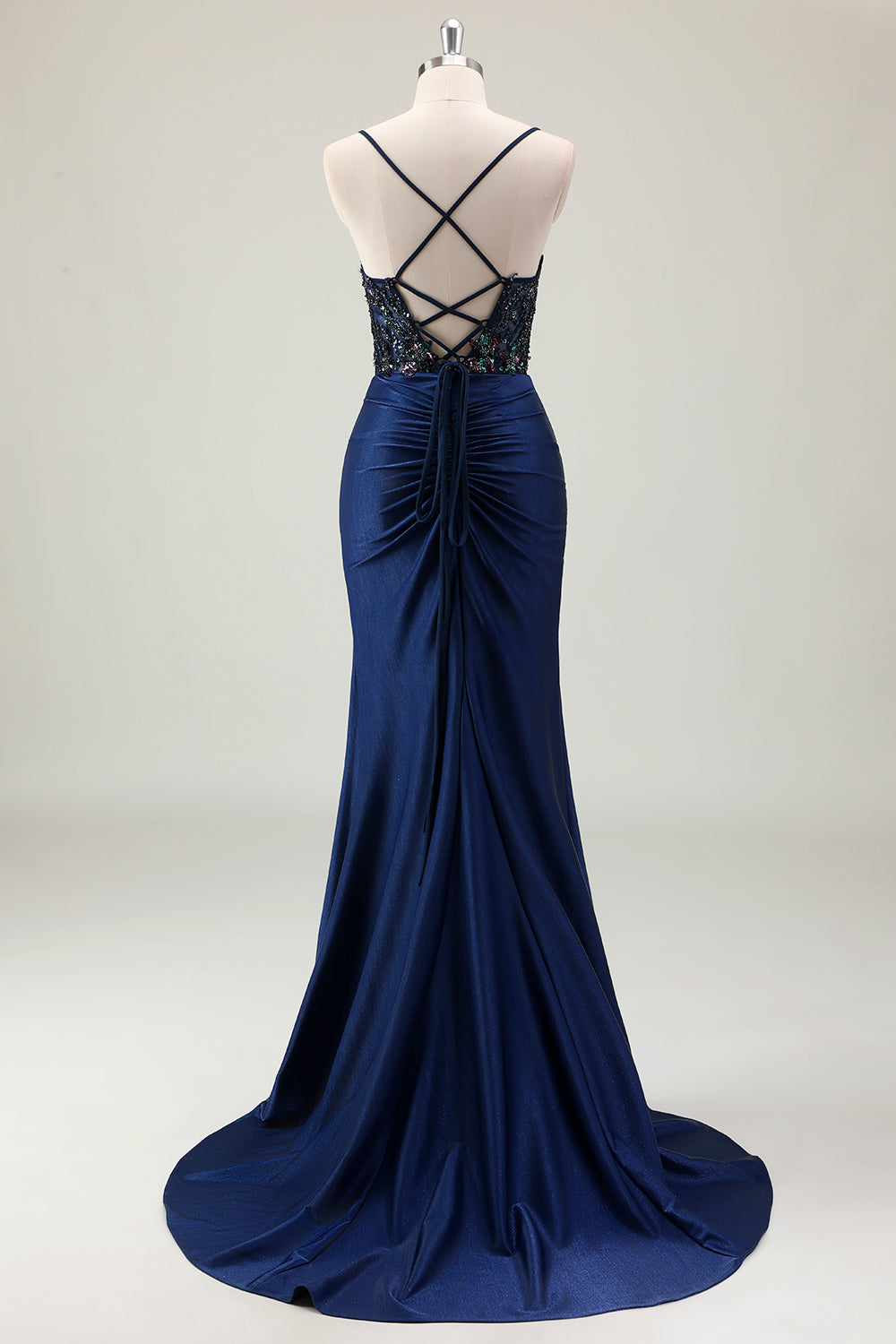 Mermaid Sparkly Dark Navy Spaghetti Straps Ruched Long Prom Dress
