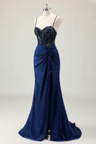 Mermaid Sparkly Dark Navy Spaghetti Straps Ruched Long Prom Dress