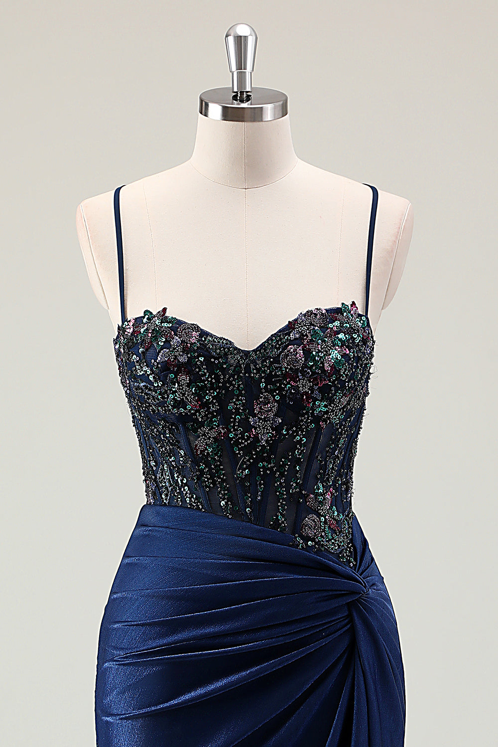 Mermaid Sparkly Dark Navy Spaghetti Straps Ruched Long Prom Dress