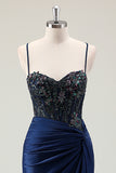 Mermaid Sparkly Dark Navy Spaghetti Straps Ruched Long Prom Dress