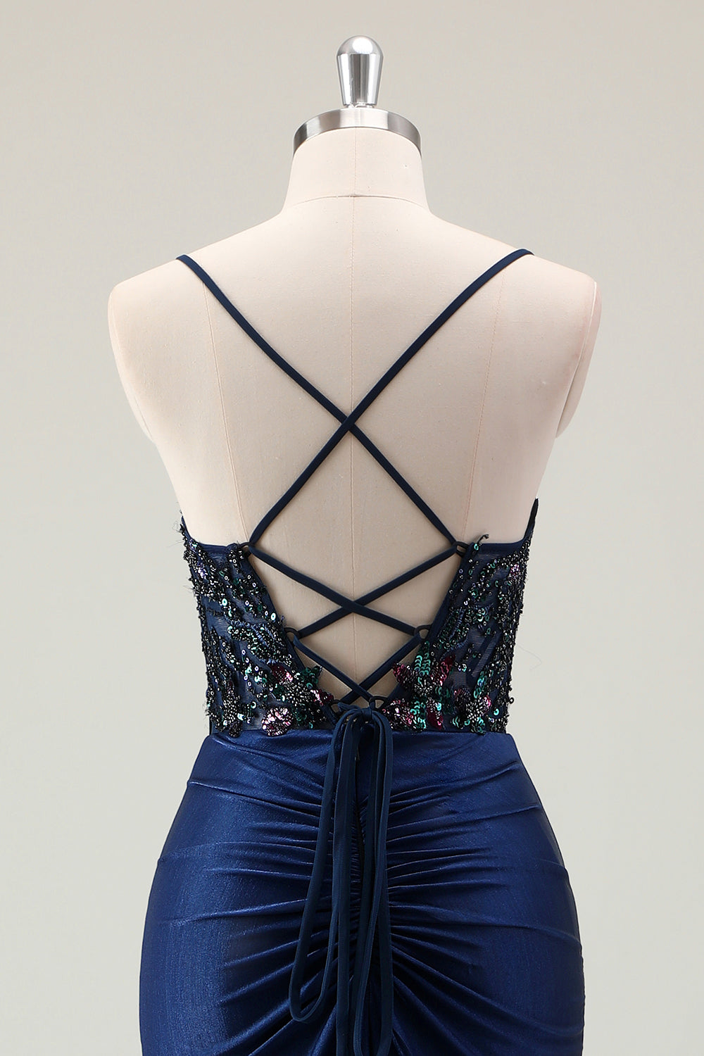 Mermaid Sparkly Dark Navy Spaghetti Straps Ruched Long Prom Dress