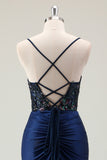 Mermaid Sparkly Dark Navy Spaghetti Straps Ruched Long Prom Dress