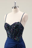 Mermaid Sparkly Dark Navy Spaghetti Straps Ruched Long Prom Dress