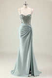 Mermaid Sparkly Dark Navy Spaghetti Straps Ruched Long Prom Dress