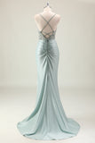 Mermaid Sparkly Dark Navy Spaghetti Straps Ruched Long Prom Dress
