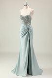 Mermaid Sparkly Dark Navy Spaghetti Straps Ruched Long Prom Dress