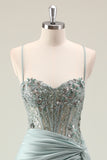 Mermaid Sparkly Dark Navy Spaghetti Straps Ruched Long Prom Dress