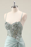 Mermaid Sparkly Dark Navy Spaghetti Straps Ruched Long Prom Dress