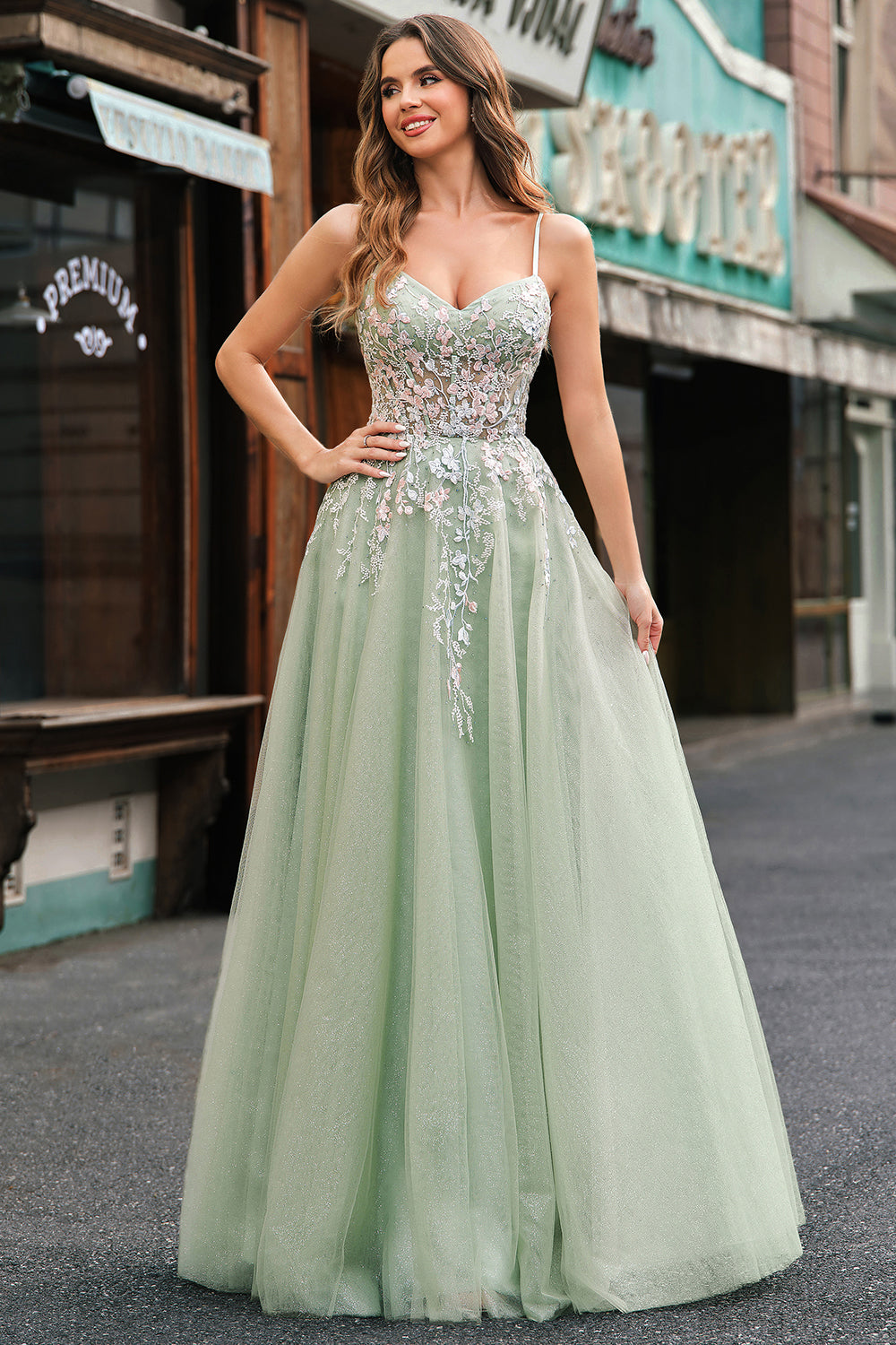 Sage Floral Spaghetti Straps Long A Line Prom Dress with Lace