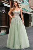 Sage Floral Spaghetti Straps Long A Line Prom Dress with Lace