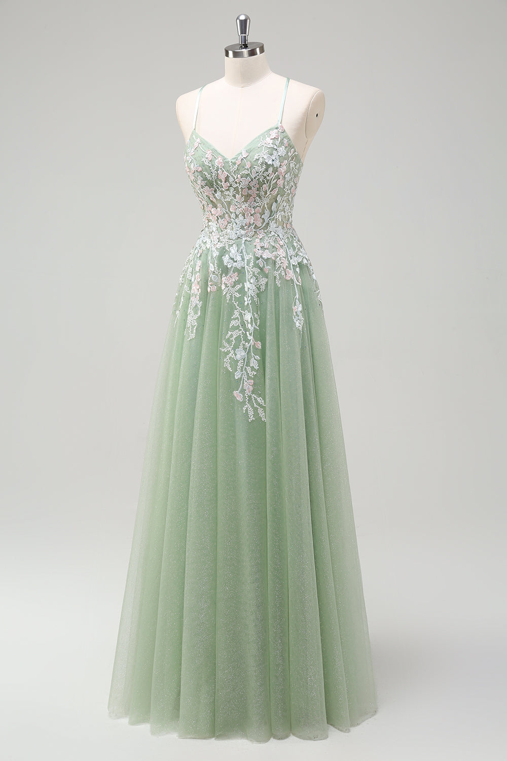Zapaka Women Sage Prom Dress with Appliques A Line Spaghetti Straps Tulle Long Evening Dress, Sage / UK10 Zapaka Women Sage Prom Dress with Appliques A Line Spaghetti Straps Tulle Long Evening Dress, Sage / UK10