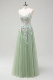 Sage Floral Spaghetti Straps Long Prom Dress with Lace