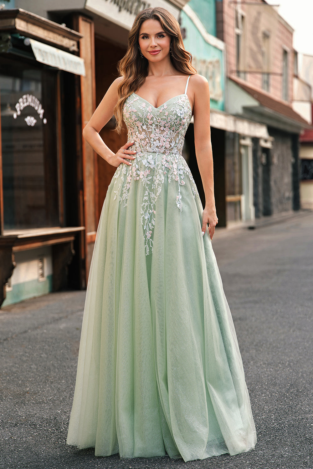 Zapaka Women Sage Prom Dress with Appliques A Line Spaghetti Straps Tulle Long Evening Dress, Sage / UK10 Zapaka Women Sage Prom Dress with Appliques A Line Spaghetti Straps Tulle Long Evening Dress, Sage / UK10