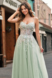Sage Floral Spaghetti Straps Long A Line Prom Dress with Lace