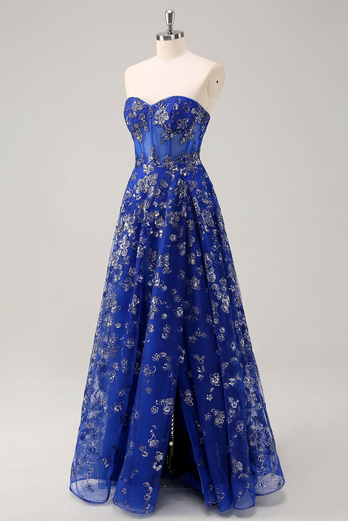 Royal Blue A-Line Sweetheart Broken Mirrors Strapless Corset Long Prom Dress