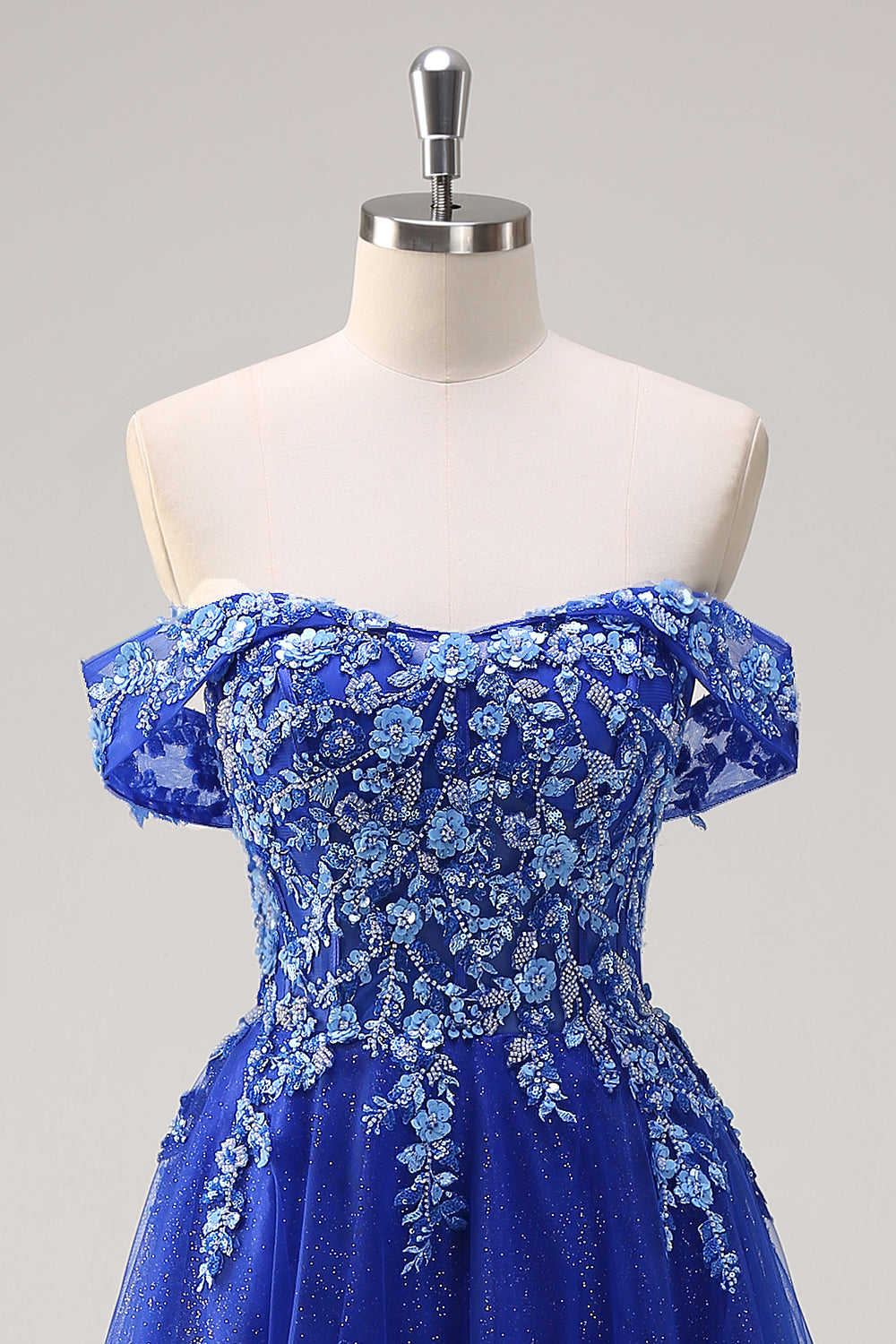 Sparkly Royal Blue Floral A-Line Off The Shoulder Long Prom Dress