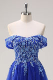 Sparkly Royal Blue Floral A-Line Off The Shoulder Long Prom Dress