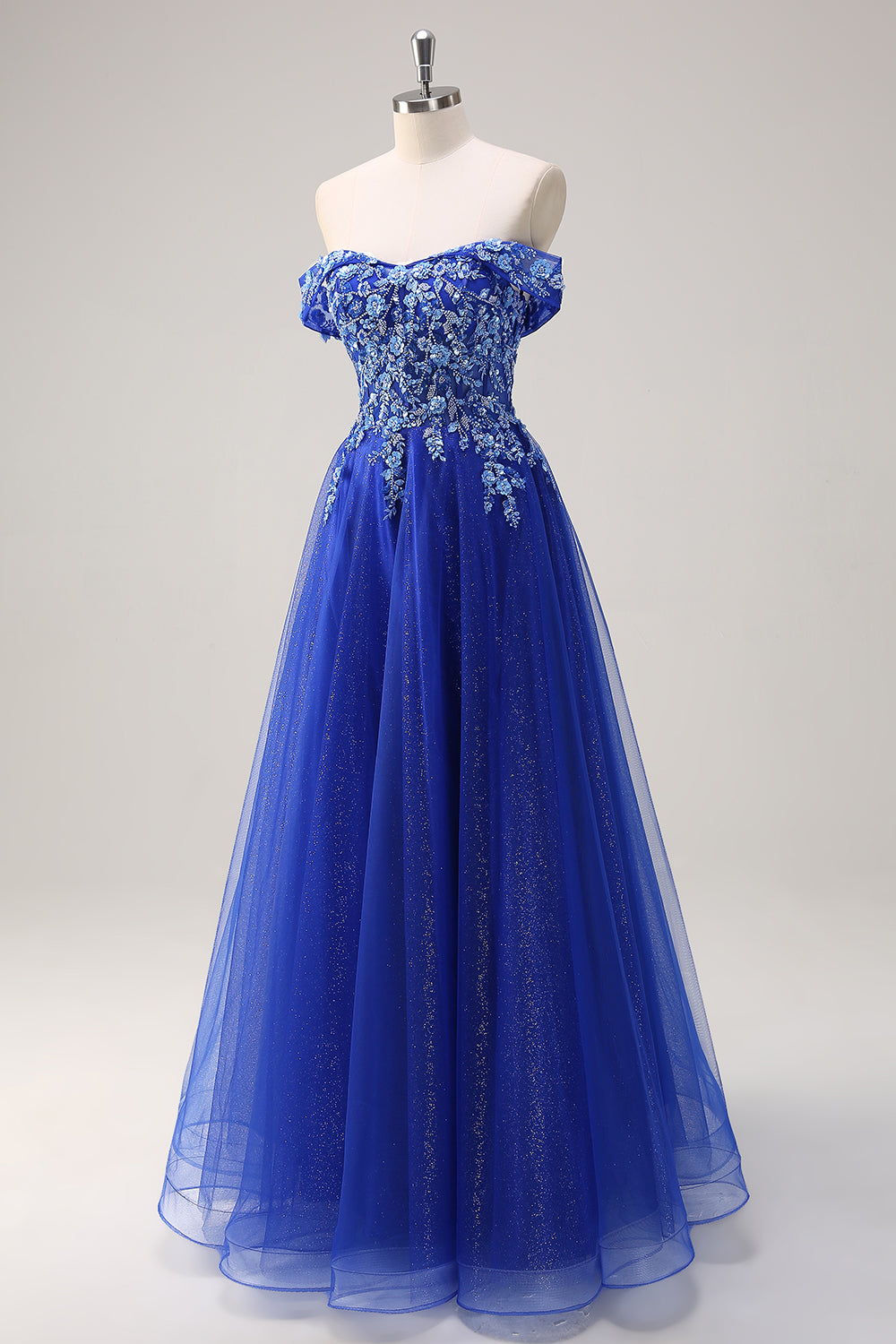 Sparkly Royal Blue Floral A-Line Off The Shoulder Long Prom Dress