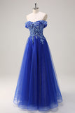 Sparkly Royal Blue Floral A-Line Off The Shoulder Long Prom Dress