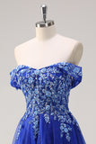 Sparkly Royal Blue Floral A-Line Off The Shoulder Long Prom Dress